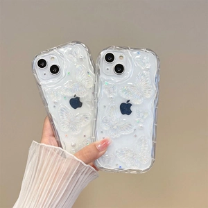 Clear wavy phone case for iPhone with 3D pearl butterflies and glitter sequins decoration