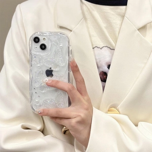 Transparent iPhone case with 3D white butterflies, pearls and silver glitters