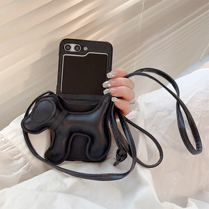 Crossbody black leather case for Z Flip 6 with 3D puppy pouch and long strap