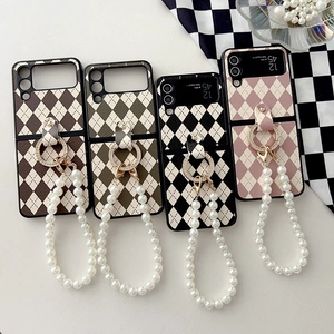 Coque Samsung Z Flip matelassée avec anneau diamanté et dragonne en perles, 4 tons
