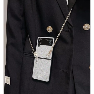 Sparkly Full Rhinestone Folding Phone Case With Metal Crossbody Chain Strap Luxury Shimmering Protective Shell Cover