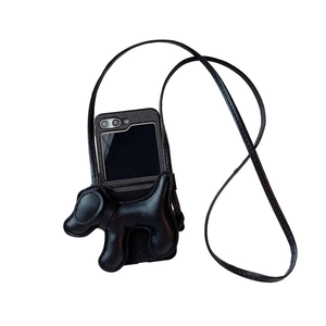 Black leather folding phone case with 3D puppy charm and crossbody shoulder strap