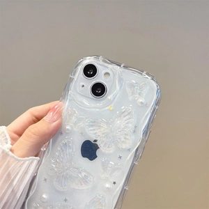Detail of clear iPhone case with wavy edges, colorful 3D butterflies and pearls