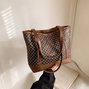 Retro brown tote bag with vintage geometric patterns and sturdy double handles