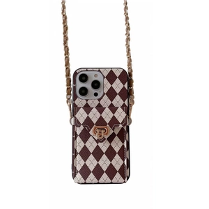 Brown Argyle leather iPhone case with crossbody chain and integrated turn-lock wallet