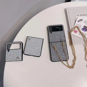 Luxury glitter sequin case for Samsung Galaxy Z Flip 5 with golden metal crossbody chain