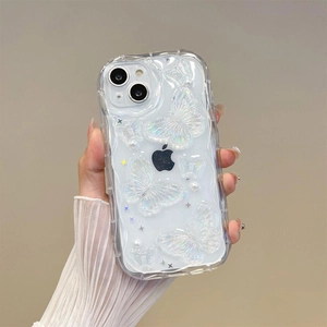 Detail of clear wave case for iPhone with 3D iridescent butterflies and pearl accents