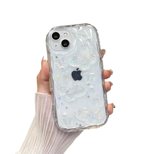 Clear wave phone case for iPhone with 3D pearlescent butterflies and pearl accents