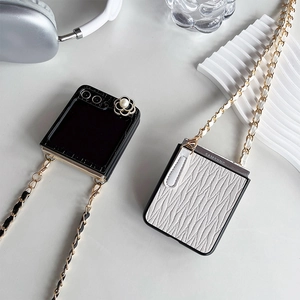 Crossbody phone case for Samsung Z Flip with camellia pearl and metal chain strap