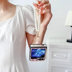 Coque pliante à carreaux roses avec dragonne en perles et anneau diamant pour Samsung Z Flip
