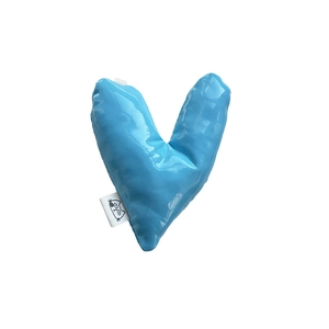 Glossy blue leather heart phone grip with cute cat tag on a minimalist white background