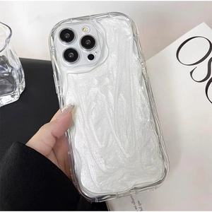 Close-up of white pearlescent wave pattern phone case with glitter for iPhone Pro
