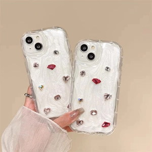 Sparkling rhinestone gem phone case for iPhone with white marble pattern and wave edges