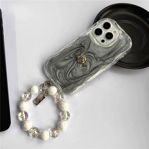 Glitzer iPhone Hülle mit 3D Goldrose und schillernder Perlenkette für Damen