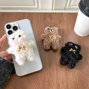 Plush Cat Phone Holder Retractable Airbag Grip Stand Support Soft Faux Fur With Golden Bow Cute Decorative Accessory
