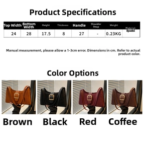 Size specifications and material detail for women's retro suede underarm bag with color options