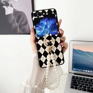 Coque pour smartphone pliable à losanges avec chaîne en perles et anneau de support