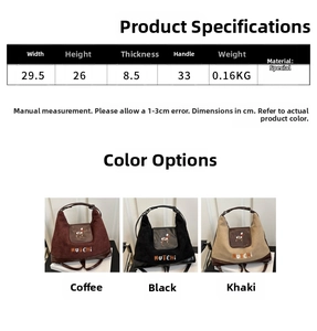 Detailed dimension guide and color options for the cartoon embroidery shoulder bag