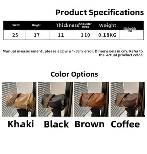 Detailed size chart for the PU barrel bag with 25x17x11cm dimensions and color options