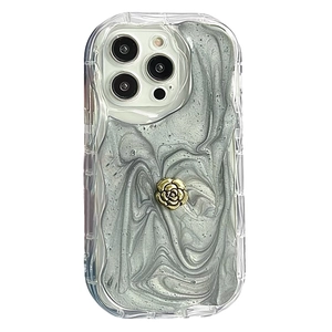 Glitzer Marmor Handyhülle mit 3D Goldrose für iPhone 16 Pro, voller Objektivschutz