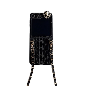 Black crocodile leather flip case for Samsung Z Flip 5 with gold chain and camellia pearl