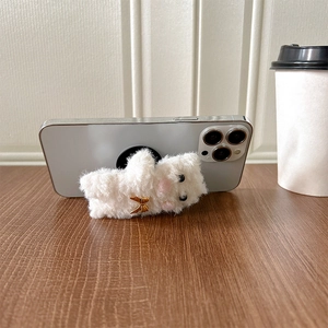 Cute white plush cat-shaped collapsible phone grip holder with a golden bow tie