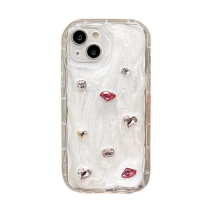 Pearlescent white wave texture iPhone case with pink crystals and heart-shaped gems