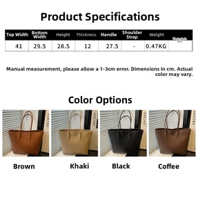 Size chart showing dimensions of the large minimalist PU tote bag in four colors