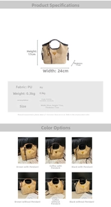 Detail view of contrast bucket bag showing PU texture and triangular metal logo