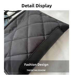 Macro shot of black quilted fabric handbag with premium edge piping and sleek texture