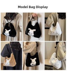 Detail view of plush tote bags in three colors featuring a cute white rabbit patch