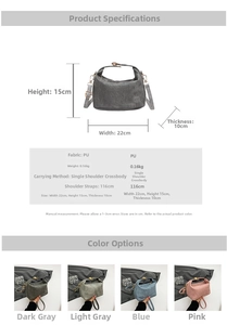 Detailed dimension chart and color guide for the minimalist PU leather crossbody bag