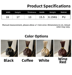 Detailed size specifications and multi-color view of minimalist PU leather bucket bag