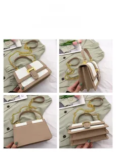 Detail of cream and khaki multi-layer crossbody bag with gold chain and metal lock closure
