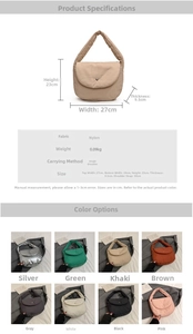 Detailed size guide and color options for the lightweight quilted nylon tote shoulder bag