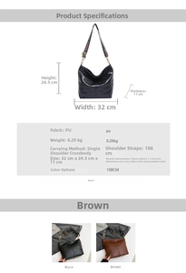 Detailed size chart for the PU bucket bag showing dimensions and black and brown colors