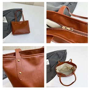Dettagli della borsa tote marrone con texture a coccodrillo e tasca interna con zip