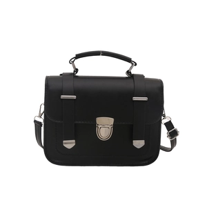Classic black messenger crossbody bag with silver buckles and top handle on white background