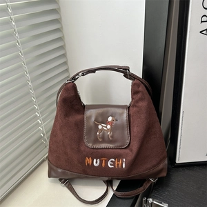 Large dark brown suede hobo bag with cute dog embroidery and adjustable leather strap
