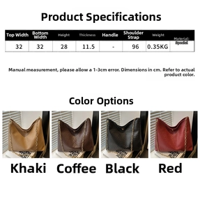 Size guide for woven shoulder tote bag showing dimensions and four available colors