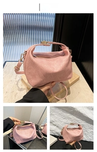 Detailed views of a pink semi-circle handbag with gold buckle and adjustable strap