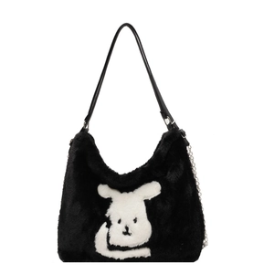 Cute black plush rabbit tote bag with white cartoon character and leather straps