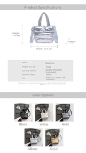 Detailed size chart and multi-color options for quilted metallic puffer bucket bag