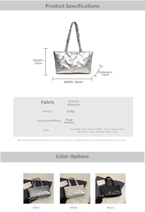 Detailed size chart for quilted tote bag with specific width height and strap measurements