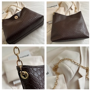 Detailed views of a dark brown woven leather hobo bag with a gold chain and turn-lock closure