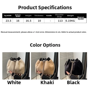 Detailed size chart and dimensions for the plush bucket bag with chain strap