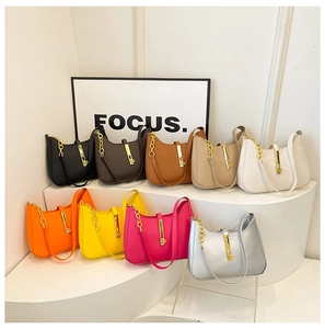 Detailed group display of diverse candy-colored hobo bags with metallic chain buckle accents