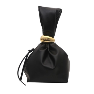 2024 Retro pleated black bucket bag with large gold metal ring handle for women
