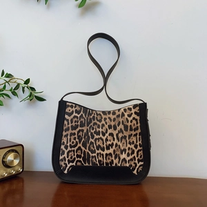 Suede leopard print bucket shoulder bag with black PU leather trim and vintage home decor