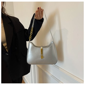 Close-up of silver crescent handbag featuring gold metal clasp and chunky chain strap